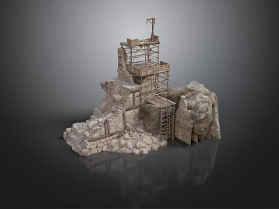 Ancient Ruins Construction Scene With Stone Rocks Scaffolding Tower And Frame 3d model