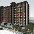 Modern Multi Story Apartment Building With Balconies Greenery People Walking And Parked Cars