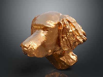 Golden Dog Head Sculpture With Metallic Shiny Surface On Dark Background 3d model