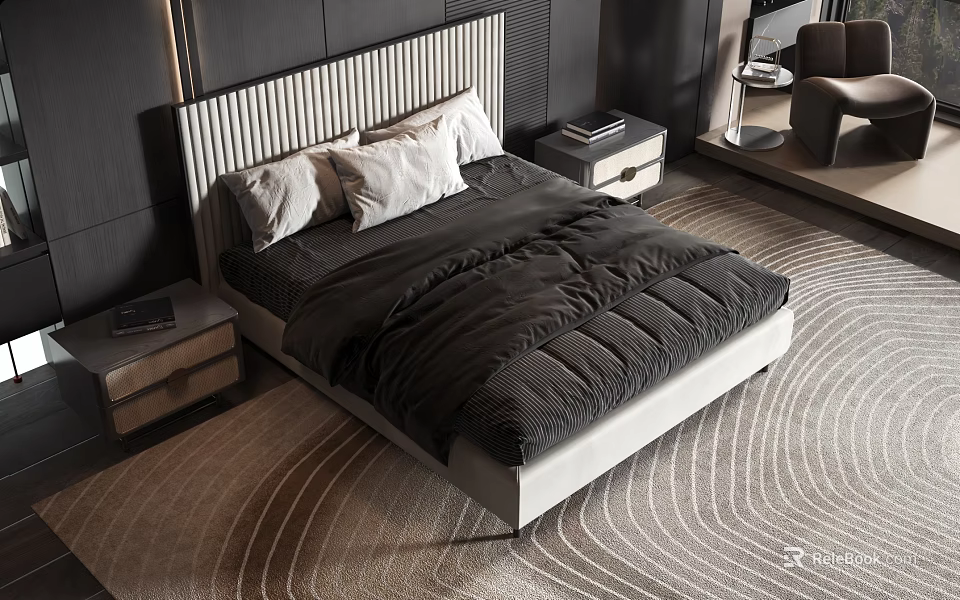 Modern Double Bed With Striped Headboard Black Bedding And Nightstands In Bedroom 3d model 