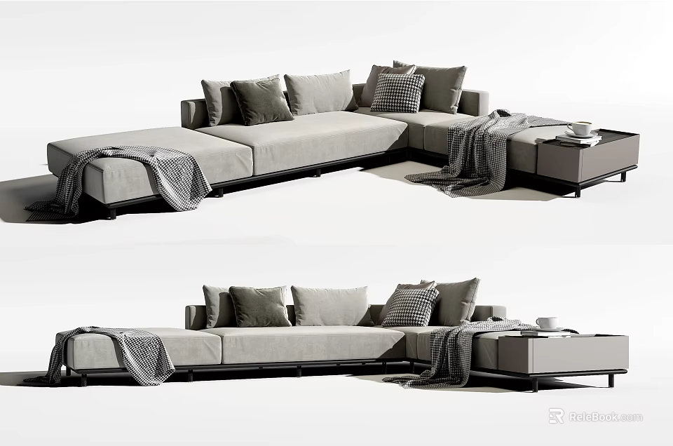 Modern Gray Sectional Sofa With Multiple Plush Cushions And Cozy Throw Blanket 3d model