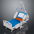 Adjustable Medical Bed With Blue Mattress White Frame And Side Rails On Wheels