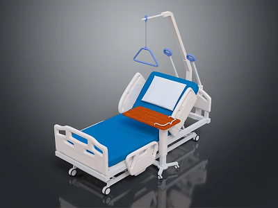 Adjustable Medical Bed With Blue Mattress White Frame And Side Rails On Wheels 3d model