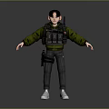 3D Character Model Wearing Green Jacket Black Tactical Vest Gray Pants And Rifle