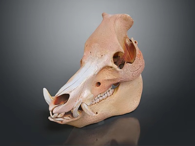 Detailed Animal Skull With Tusk And Teeth On Dark Reflective Surface 3d model