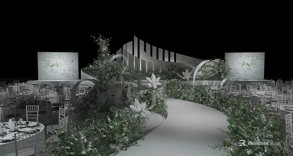 Elegant Banquet Hall Design With Lush Greenery White Flowers And Curved Walkway 3d model 