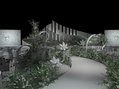 Elegant Banquet Hall Design With Lush Greenery White Flowers And Curved Walkway 3d model