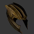 Golden Metallic Helmet With Angular Shape And Stripes Against Dark Background 3d model