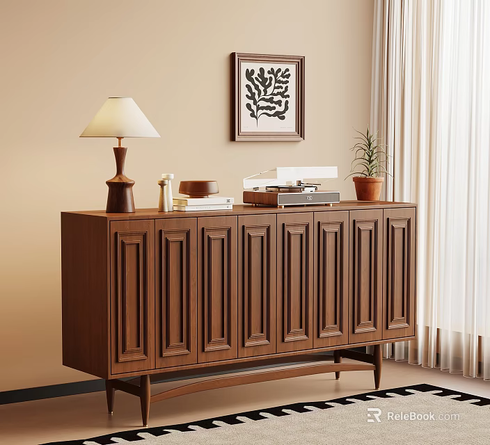 Wooden Entryway Side Cabinet With Table Lamp Books Small Plant And Wall Art 3d model 