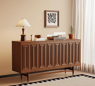 Wooden Entryway Side Cabinet With Table Lamp Books Small Plant And Wall Art 3d model