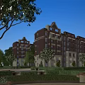 Red Brick Residential Building With White Accents Multi Story Design And Lush Garden Greenery