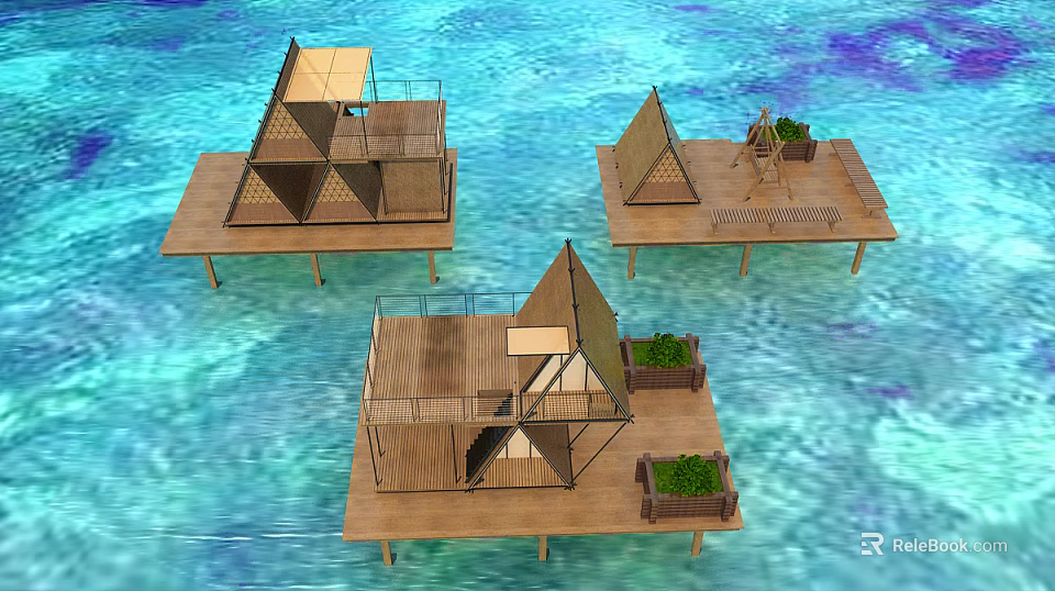 Three Unique Wooden Houses With Triangular Roofs On Water Platforms And Green Plants 3d model 