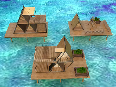 Three Unique Wooden Houses With Triangular Roofs On Water Platforms And Green Plants 3d model