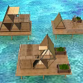 Three Unique Wooden Houses With Triangular Roofs On Water Platforms And Green Plants