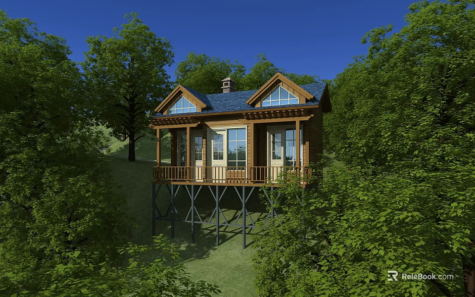 Wooden Detached Villa with Blue Roof Balcony on Stilts in Green Trees and Grassy Hillside 3d model 