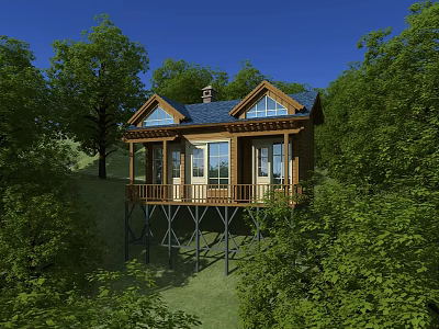 Wooden Detached Villa with Blue Roof Balcony on Stilts in Green Trees and Grassy Hillside 3d model