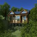 Wooden Detached Villa with Blue Roof Balcony on Stilts in Green Trees and Grassy Hillside