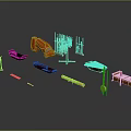 Collection of Musical Instruments and Art Supplies with Guitar Brushes Paint Palette and Drawing Tools