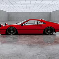 Stylish Red Sports Car Parked In Gray Empty Indoor Space With Modern Grid Ceiling