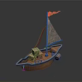 Small Wooden Sailboat With Orange Hull White Sail Red Flag Boxes And Barrel