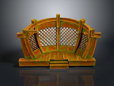 Wooden Curved Bench With Lattice Backrest Armrests And Natural Wood Grain 3d model
