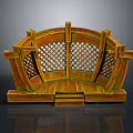 Wooden Curved Bench With Lattice Backrest Armrests And Natural Wood Grain