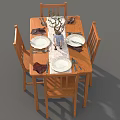 Wooden Dining Table Set With Four Chairs Tableware Vase And Decorations 3d model