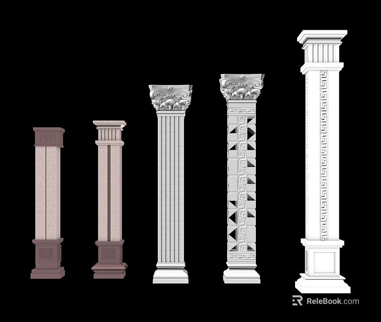 Roman Columns With Various Designs Decorative Carvings And Color Options 3d model 