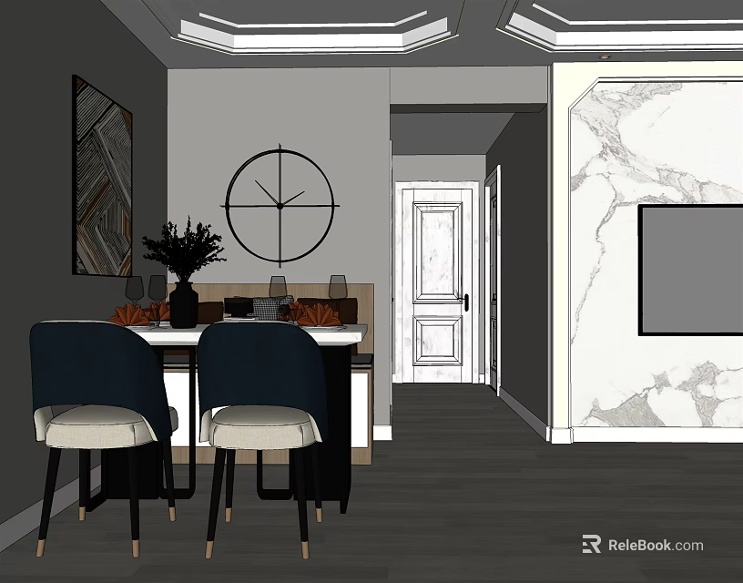 Modern Dining Table Set With Black Chairs Decorative Painting Clock And Marble Wall 3d model