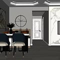 Modern Dining Table Set With Black Chairs Decorative Painting Clock And Marble Wall 3d model