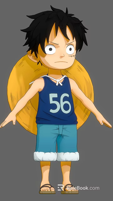 Cartoon Character Wearing Yellow Straw Hat Blue Vest Number 56 And Blue Pants Arms Outstretched 3d model 