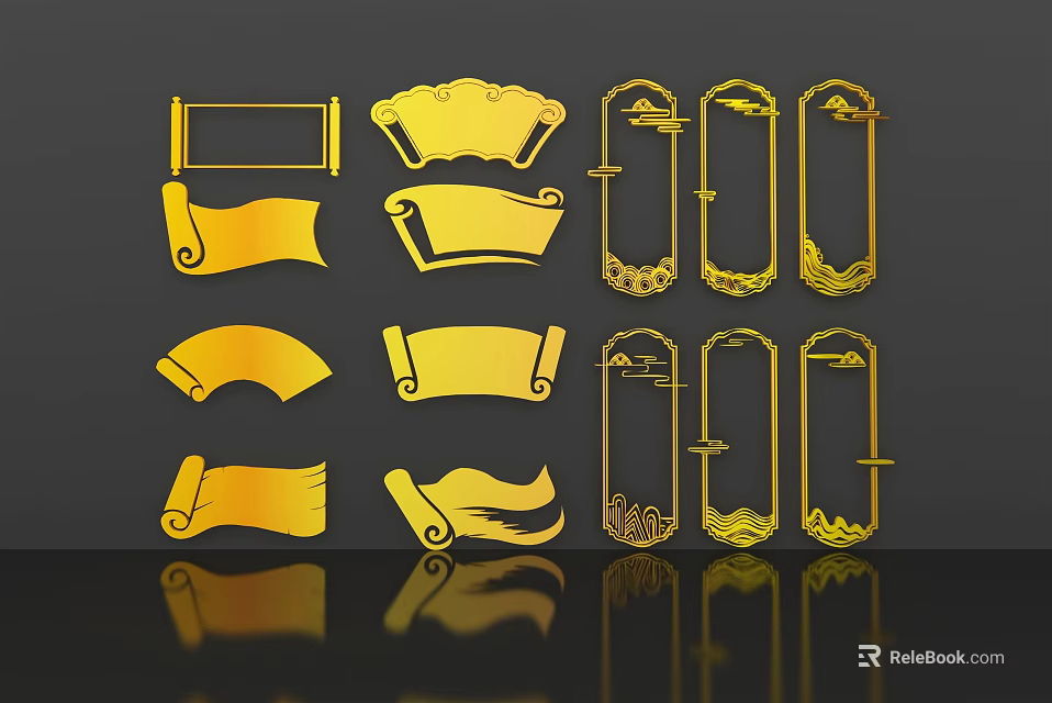 Gold Chinese Style Wall Decor With Various Ornate Scroll And Frame Shapes 3d model 