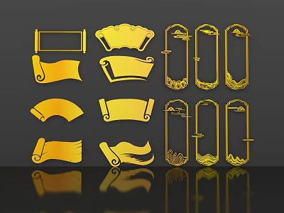 Gold Chinese Style Wall Decor With Various Ornate Scroll And Frame Shapes 3d model