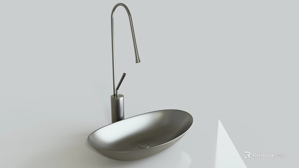 Stylish Silver Oval Shaped Washbasin With Modern High Arc Faucet Design 3d model 