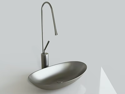 Stylish Silver Oval Shaped Washbasin With Modern High Arc Faucet Design 3d model