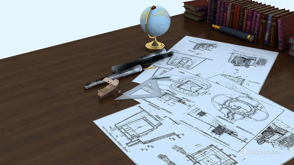 Architectural Blueprints On Wooden Desk With Globe Pencils And Drawing Tools 3d model 