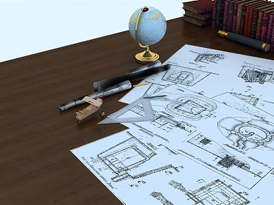 Architectural Blueprints On Wooden Desk With Globe Pencils And Drawing Tools 3d model