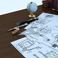 Architectural Blueprints On Wooden Desk With Globe Pencils And Drawing Tools
