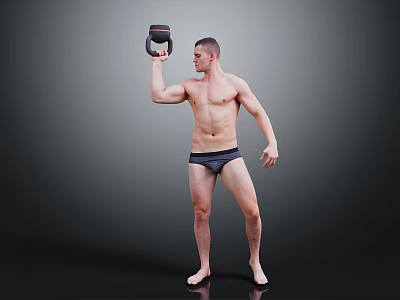 Shirtless Man Holding Kettlebell In Right Hand With Dark Underwear On Gray Background 3d model