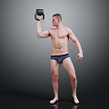 Shirtless Man Holding Kettlebell In Right Hand With Dark Underwear On Gray Background