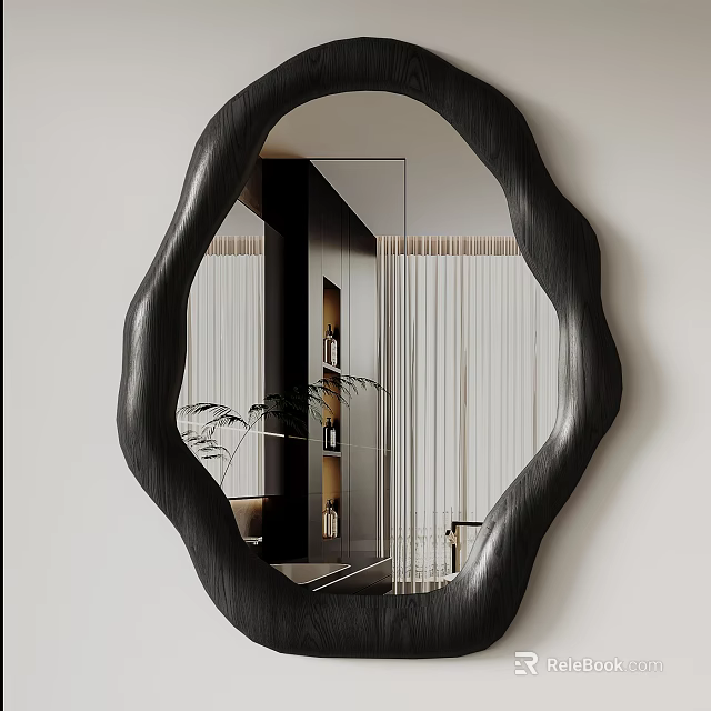 Modern Irregular Shaped Black Frame Mirror Reflecting Indoor Plants And Furniture 3d model 