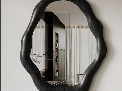 Modern Irregular Shaped Black Frame Mirror Reflecting Indoor Plants And Furniture 3d model