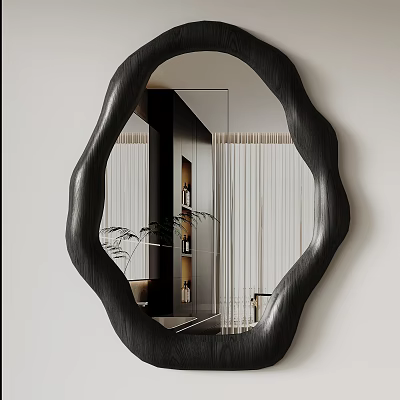 Modern Irregular Shaped Black Frame Mirror Reflecting Indoor Plants And Furniture 3d model