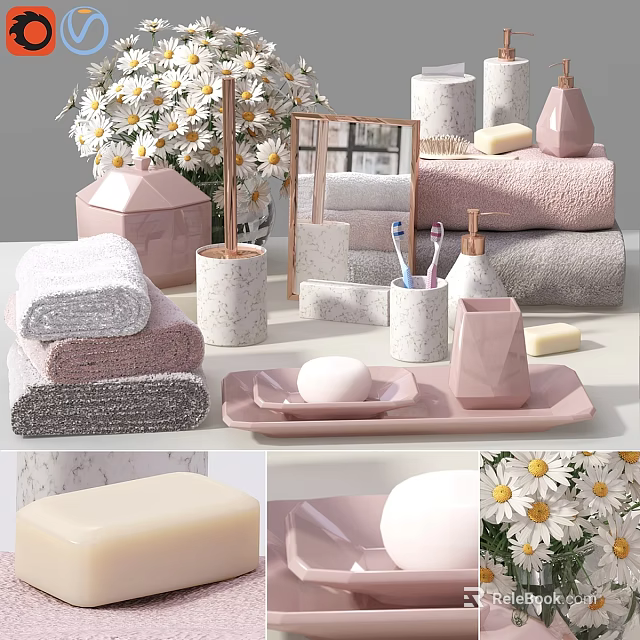 Pink Gray Bathroom Essentials With Soft Towels Soap Toothbrushes Tray Mirror And Daisies 3d model 