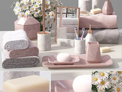 Pink Gray Bathroom Essentials With Soft Towels Soap Toothbrushes Tray Mirror And Daisies 3d model