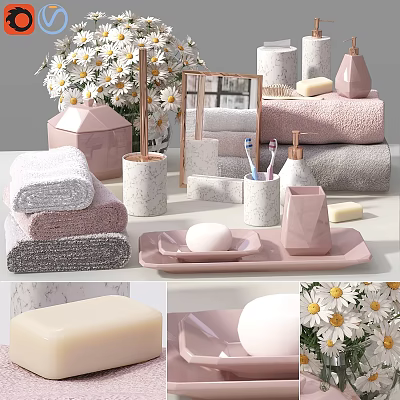 Pink Gray Bathroom Essentials With Soft Towels Soap Toothbrushes Tray Mirror And Daisies 3d model
