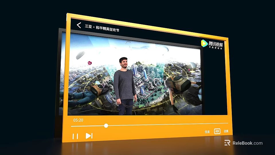 Game Experience Hall Photo Spot With Large Screen Interactive Game Scene And Yellow Frame 3d model 