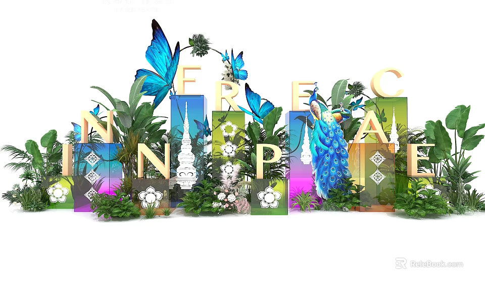 Vibrant Check in Photo Spot with Colorful Letters Butterflies Peacock and Lush Green Plants 3d model 