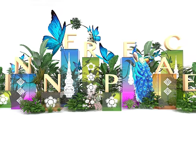 Vibrant Check in Photo Spot with Colorful Letters Butterflies Peacock and Lush Green Plants 3d model