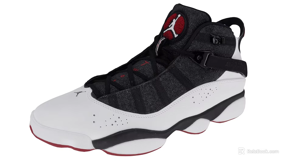 High Top Black And White Shoes With Red Jumpman Logo Mesh Design And Rubber Sole 3d model 